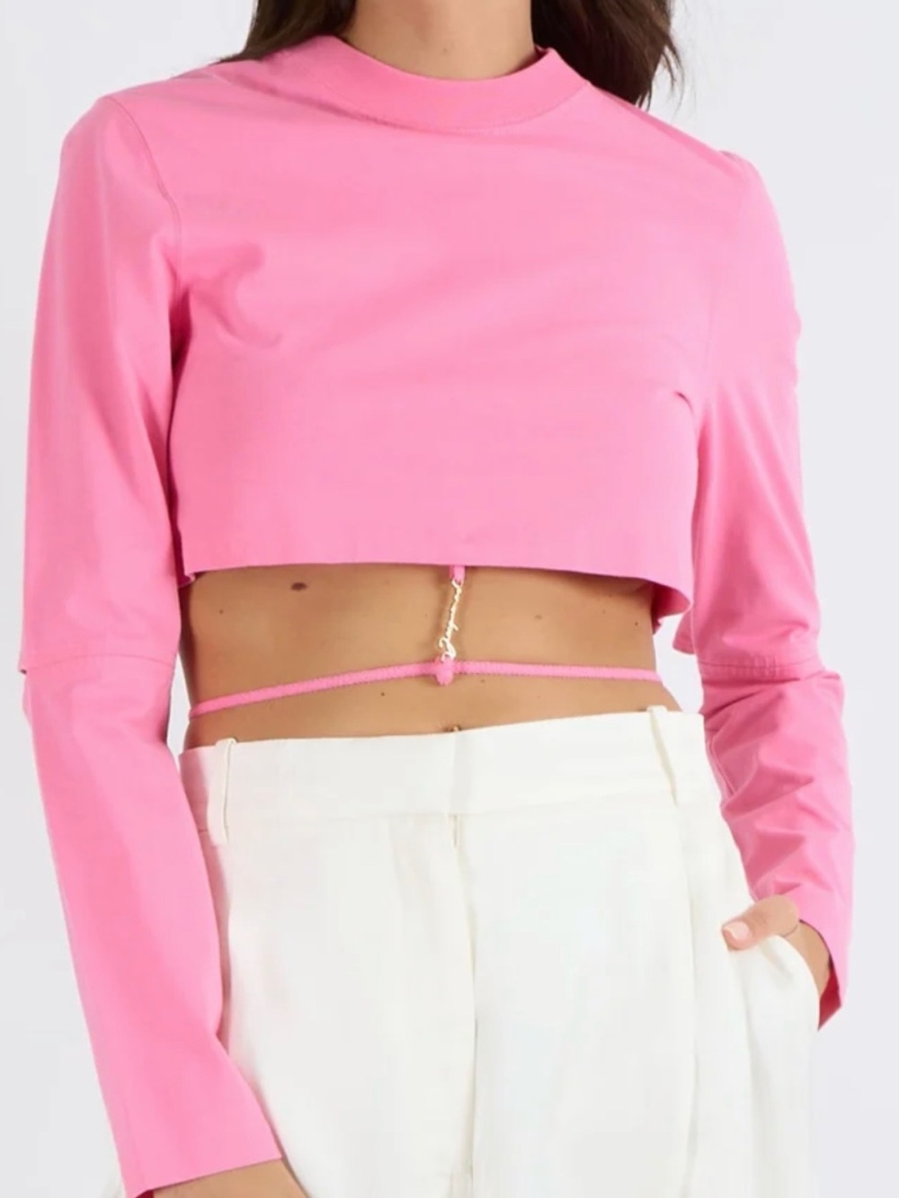 Jacquemus Pink Long-Sleeve Cropped Top with Waist Tie Detail